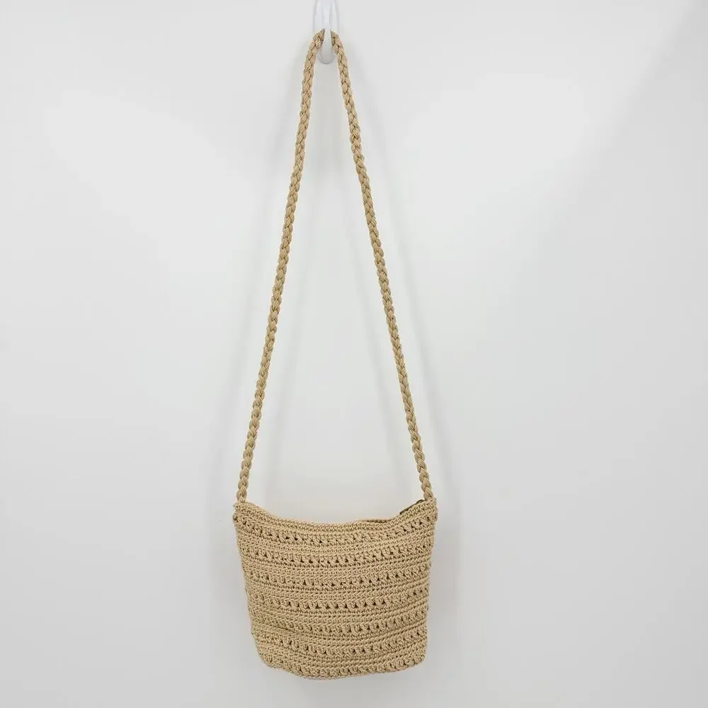 Croft & Barrow Crochet Crossbody Bag Beige‎ Woven Boho Summer Beach Vacation